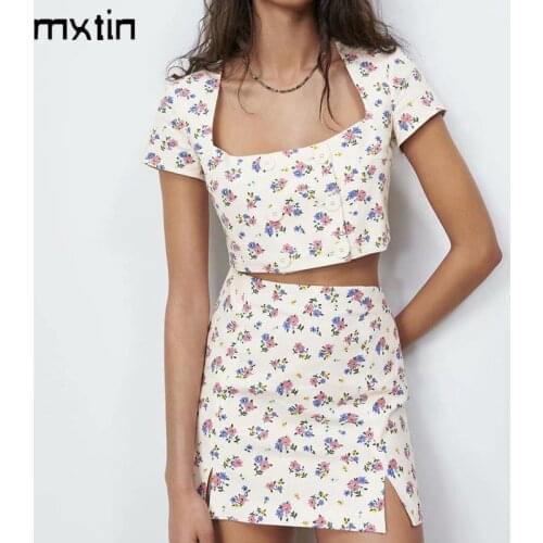 MXTIN 2021 Women Summer Fashion Double Breasted Cropped Blouses Floral Print Female Shirts Ladies Blusas Chic Sweet Tops