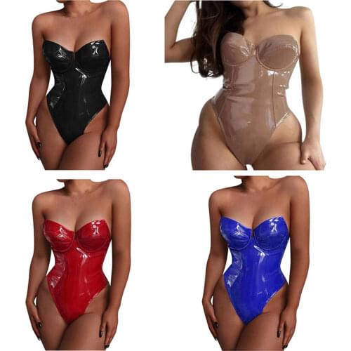 Ladies tight-fitting sleeveless one-shoulder wrap, sexy backless sexy lingerie artificial leather PU tights sexy patent leather
