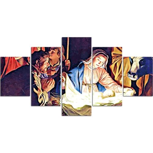 Printing Canvas Wall Art 5 Panels Posters Painting Birth of Christ Pictures for Bedroom Home Decor Artwork Framed