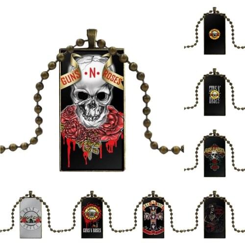 For Unisex Gift Fashion Glass Cabochon Pendant Necklace With Women Bronze Plated Statement Jewelry Guns N Roses Music Band Retro