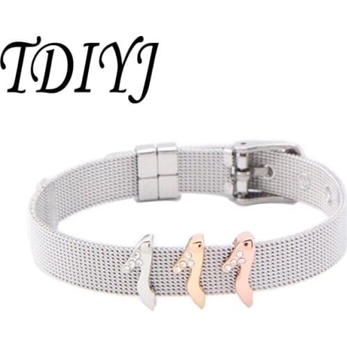 TDIYJ Love Shopping Charms Crystal Lady High Heel Keeper Slide Charms with Mesh Bracelet for Women Jewelry 1 Set