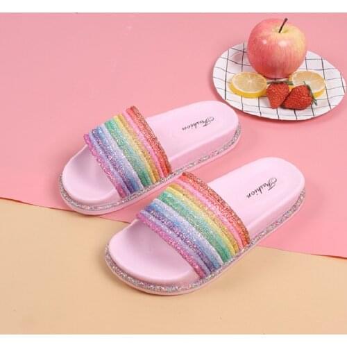 Slippers Girls Rainbow Striped Colorful Shining Jelly Shoes Lovely Big Kids Indoor Slippers Beach Cute Flip Flops Comfy Fashion