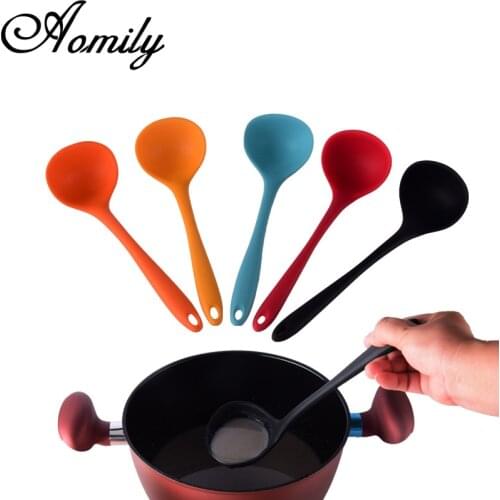 Amoliy Silicone Soup Spoon Kitchen Non-stick Large Food Spoons Ladle Long Handle Home Cooking Utensils Bakeware Bakery Tools