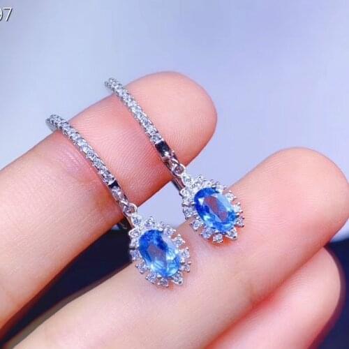 Blue natural Topaz Gemstone Earrings for Women Genuine 925 Sterling Silver Fashion Earrings Wedding Jewelry Party Gift