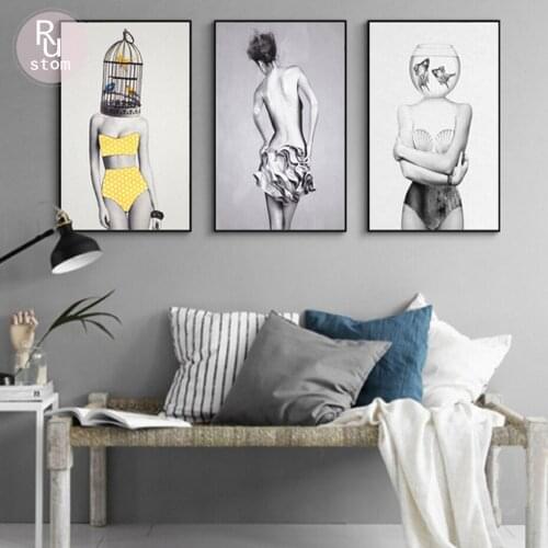Nordic Black and White Minimalist Character Canvas Paintings Fish Tank Posters Prints Wall Art Pictures Living Room Home Decor