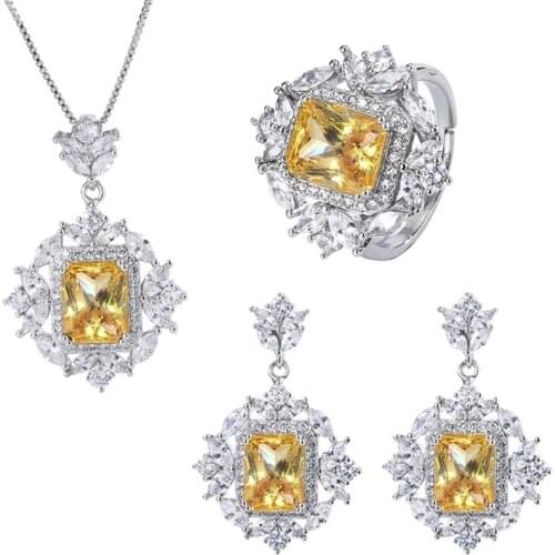 Vintage 100% 925 Sterling Silver Created Moissanite Citrine Gemstone Earrings/Rings/Necklace Wedding Fine Jewelry Sets for Women