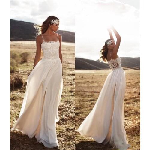 Vintage Lace Boho Chiifon Wedding Dress A-line Floor Length Spaghetti Bride Dress Beach Garden Wedding Gown Vestido De Noiva