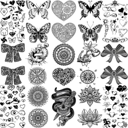 Mandala Bow Lotus Butterfly Temporary Tattoos For Women Adult Men Anchor Skull Love Fake Tattoo Finger Neck Arm Hand Small Tatoo