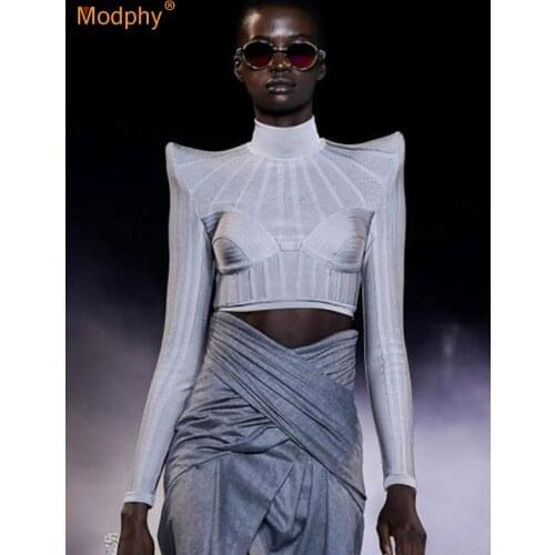 2021 Autumn Fashion WomenS Striped Stitching Short T-Shirt Sexy Long Sleeve High Neck Celebrity Party Club Bodycon Bandage Top