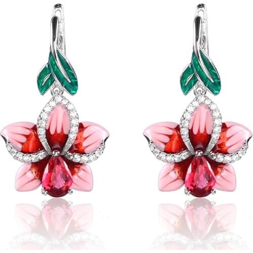 Cute Pink Epoxy Flower with Zircon Stone Silver Color Stud Earrings for Women Fashion Jewelry 2020 New Korean Earrings