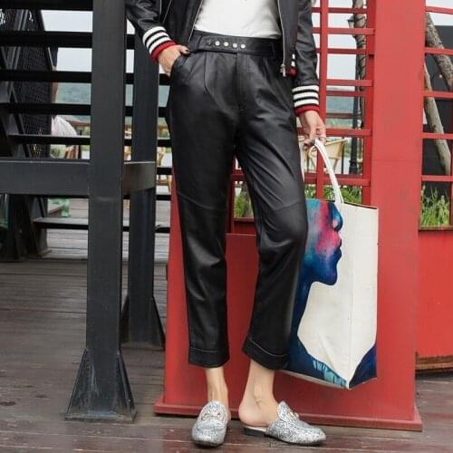 2020 Luxury Lambskin Genuine Harem Women High Quality Elastic Waist Real Leather Pants Female Casual Streetwear