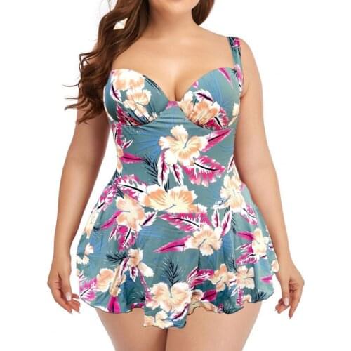 2021 Plus Size Women Swimsuit Flower Printing Push Up Ruffle Hem Backless One-piece Swimsuit Bathing Suit Swimwear for Swimming