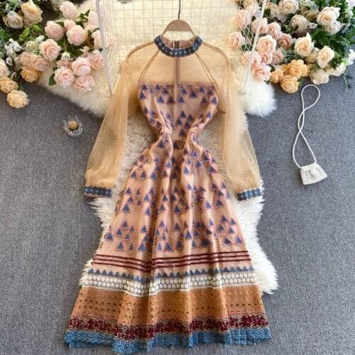 SINGREINY Design Embroidery Mesh Dress Women Korean Fashion Retro Long Sleeve Dress Spring High Quality A-line Streetwear Dress