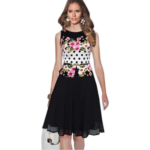 Printed chiffon stitching knee-length dresses sleeveless 2017 new summer O-neck dress Vestidos robe women plue size Vestidos G27