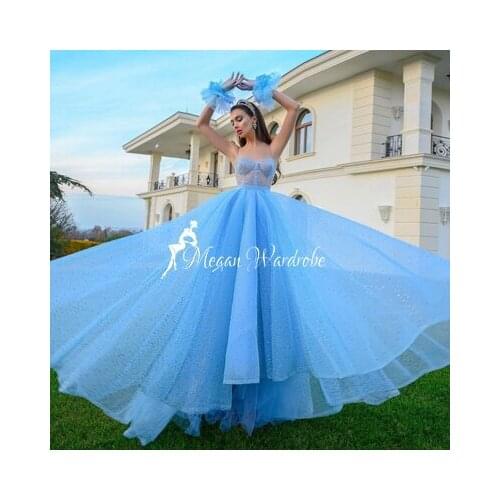 Shiny Sky Blue A-Line Tulle Long Prom Gowns Women Pretty Spaghetti Strap Sparkle Sequiens Long Mesh Party Dresses Elbiseler