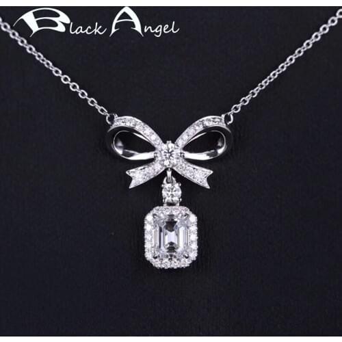 BLACK ANGEL New 925 Silver White Pink Morganite Stone Bowknot Pendant Necklace For Women Jewelry Clavicle Chain Christmas Gift