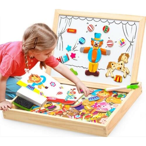 Wooden Montessori Educational Magnetic Jigsaw Game Toys Gift Childrens Magnetic Animal Puzzles Circus Drawing Busy Board LHB09