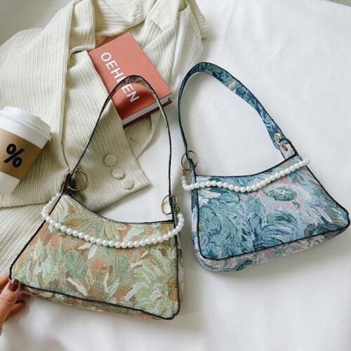 Elegant Flower Painting Shoulder Bags Casual Canvas Handbags For Women Pearl Chain Underarm Bag Ladies Small Tote