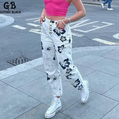 Gothblack Pencil Pants Foral Print Hit Color High Waist Button Straight Jeans Casual Back To Basics Streetwear Wpmen Trousers