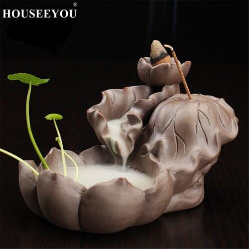 HOUSEEYOU Lotus Pond Backflow Incense Burner Stick Waterfall Incense Holder Aromatherapy Censer Stand New Year Gifts
