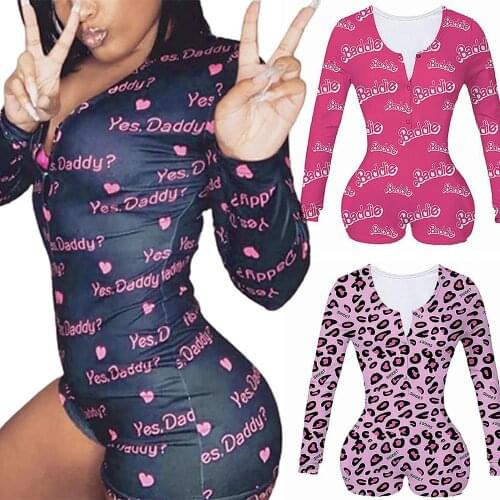 Summer Sexy Onesies Women Print Long Sleeve V Neck One-piece Bodysuit Jumpsuit Women Pajama Femme Sexy Bodycon Onesies Sleepwear