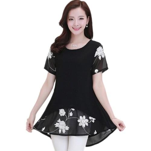 Summer Tunics Shirts Large Size 4xl Womens Loose Short-sleeved Embroidery Chiffon Blouse Long Tunic Tops For Women
