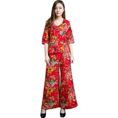 Summer Women Suit Vintage Print Top And Wide Leg Pants 2 Piece Suit Set Large Size Loose Ladies Summer Clothing Dance Costume