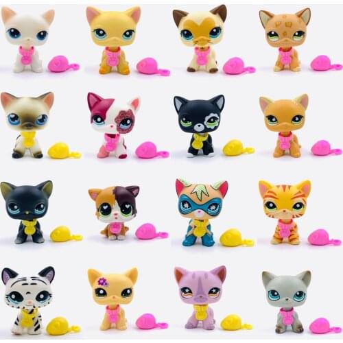 LPS CAT Rare Pet Shop Toys Stands Short Hair Kitten with Mouse and necklace Old Original Animal Collection toy with Accessories