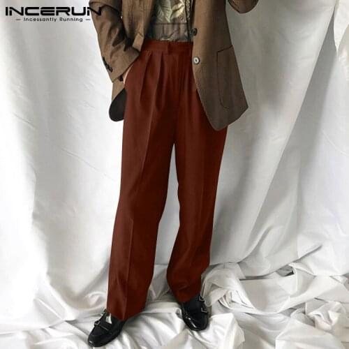 INCERUN 2021 Men Casual Pants Solid Color Joggers High Waist Retro Straight Trousers Loose Streetwear Pockets Pantalones Hombre