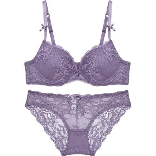 New Women Lace Bra Set Thin 3/4 Cup Gathered Bra Breathable Soft See Through Panties Ladies Lingeries Set