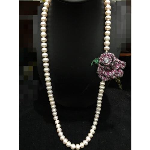 11-12MM Big Fresh water pearl Necklace With Rose Flower Romantic Long Real Pearl Necklace 86CM Fashion Women jewelry