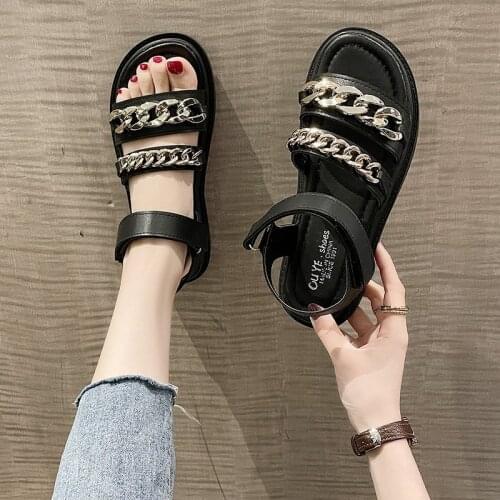 Sandals Women 2021 New Lightweight Flat Chain Rhinestone Casual Roman Sandals All-Match Student Breathable Velcro Sports Sandals