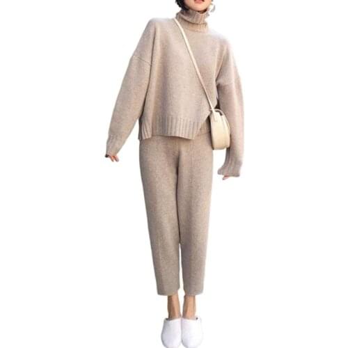 New Autumn Spring Knitted Tracksuit Turtleneck Sweatshirts Fashion Women Clothing 2 Piece Set Knitting Female Pants Suit