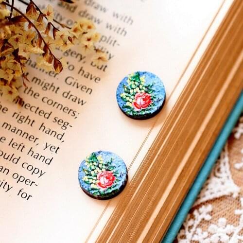 Unique 3D Flower Embossed 16mm Round Coloured Drawing pattern Laser Cut wood Cabochon DIY for Rings, Earring,Brooch,Necklace-319
