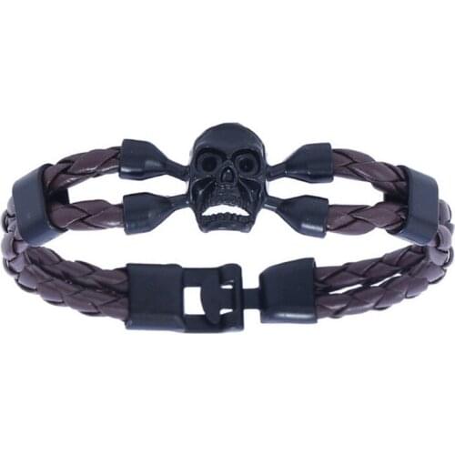 Vintage Black Skull Bracelets Bangles Hand Made Top Quality Length 21 cm Leather Bracelet Skeleton Charm Bracelet Men Jewelry