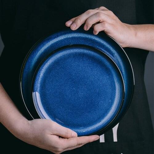 Japanese Kiln Glazed Blue Round Side Plate Ceramic Deep Plates Large Soup Bowl Food Dish Western Hotel Dinnerware Set