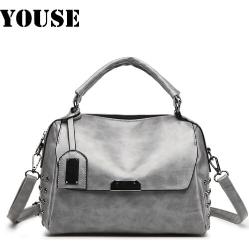 YOUSE Brand Women Messenger Bags Vintage Boston Rivet Patent Leather Luxury Handbags Designer Shoulder Bags Female Tote Bags
