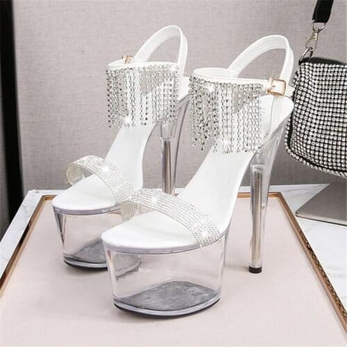 2021 Women Summer Stripper 16.5cm High Heels Sandals Sexy 6.5cm Platform Silver Crystal Pumps Transparent Fetish Party Prom Shoe