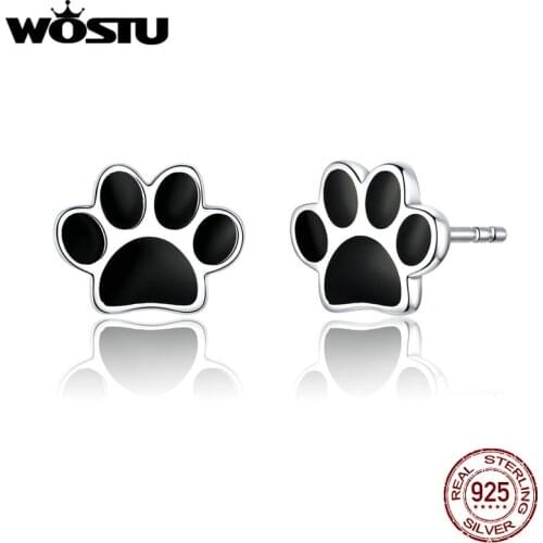 WOSTU Fashion 925 Sterling Silver Paw Dog Footprint Black Stud Earrings For Women Blue Small Earrings Silver 925 Jewelry DXE757