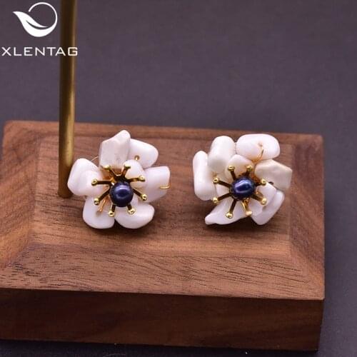 XlentAg Natural White Stone Pearl Stud Earrings For Women Birthday Day Gift 925 Sterling Silver Flower Earrings Jewelry GE0780I