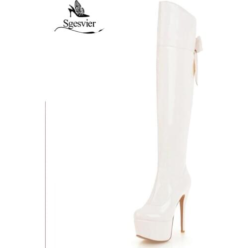 Sgesvier Women Boots Platform Thin High Heel Winter Shoes Woman Over The Knee Boots Lace Up Patent Leather Long Boots OX925