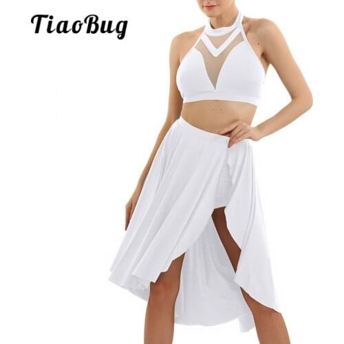 2Pcs Women Skirt Crop Tops Dance Set Sleeveless Halterneck Ballet Dance Gymnastics Lyrical Leotard Dance Costume