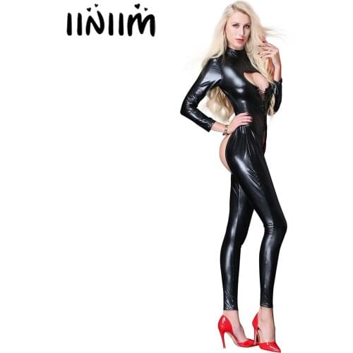 Womens Wetlook Leather Exotic Bodysuit Long Sleeve Crotchless Catsuit Slim Rave Teddies Jumpsuit Clubwear with Briefs G-string