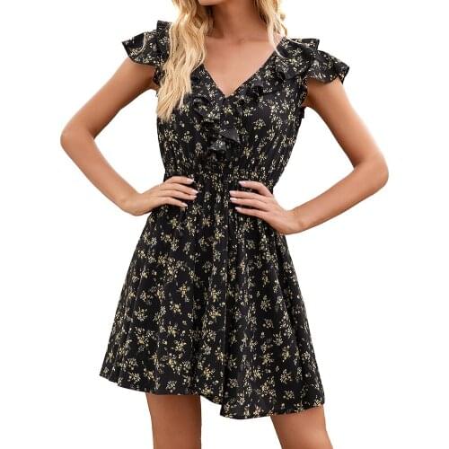 Elegant Mini Dress Women Slim Small Floral Print Sweet Cute Ruffled Dress V-Neck Short Sleeve Dress