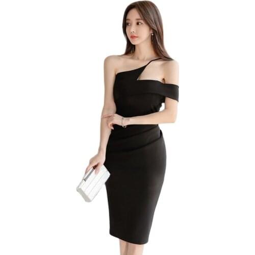 Summer Sexy black tight Dress one pice korean laddies Summer one shoulder Sleeveless cabaret party bodycon Dress for women