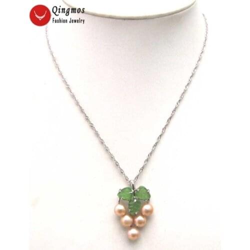 Qingmos Natural PInk Pearl 24*34mm Green Leaf Pendant Necklace for Women with 7-8mm Pink Pearl Chokers Necklace 17" Chain-pen213