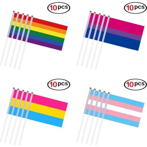 10PCS/Pack 14*21CM Gay Pride Flags Easy To Hold Mini Small Rainbow Flags With Flagpoles Home Decor Gay Friendly LGBT Flag