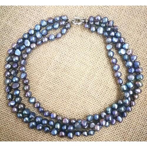 3 Rows 6x7mm black gray brown pearl baroque beads choker necklace Natural irregular freshwater pearl Women Jewelry