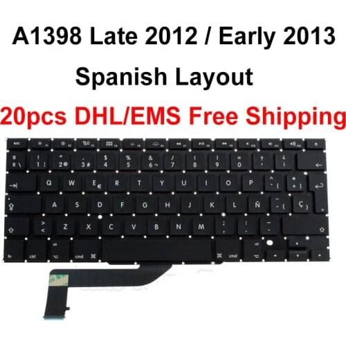 DHL/EMS Free Shipping 20pcs Espanol Spanish Keyboard for Macbook Pro 15.4 A1398 SP Spain Layout Late 2012 Early 2013