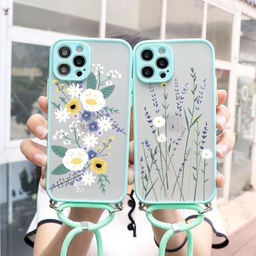 Flower Case For iPhone 11 12 Pro Max Mini XR XS X 7 8 6 6S Plus SE 2020 Cover For iPhone 11 Pro Max Necklace Lanyard Rope Case